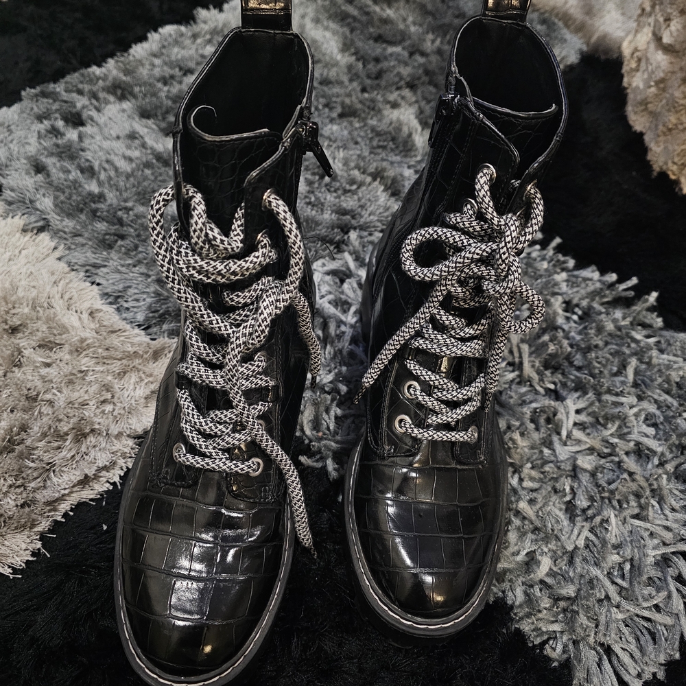 Black Croc-Embossed Lace-Up Boots
